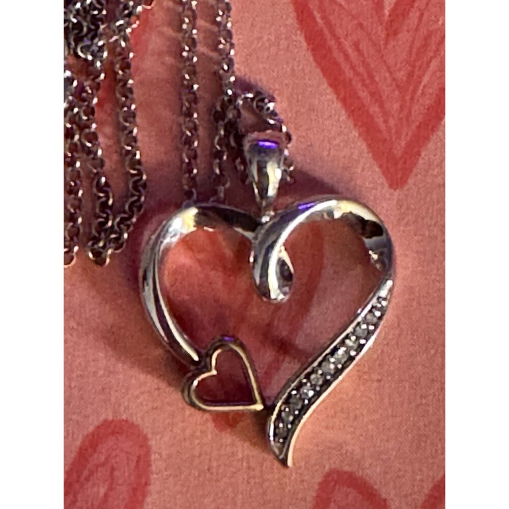 Helzberger Sterling Silver 925 & 10kt Gold Diamond Heart Pendant Necklace 17”